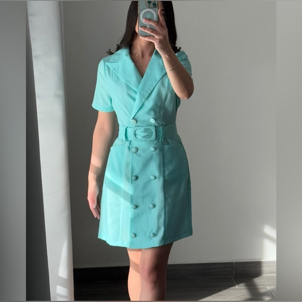 Elegant Turquoise Double-Breasted Dress